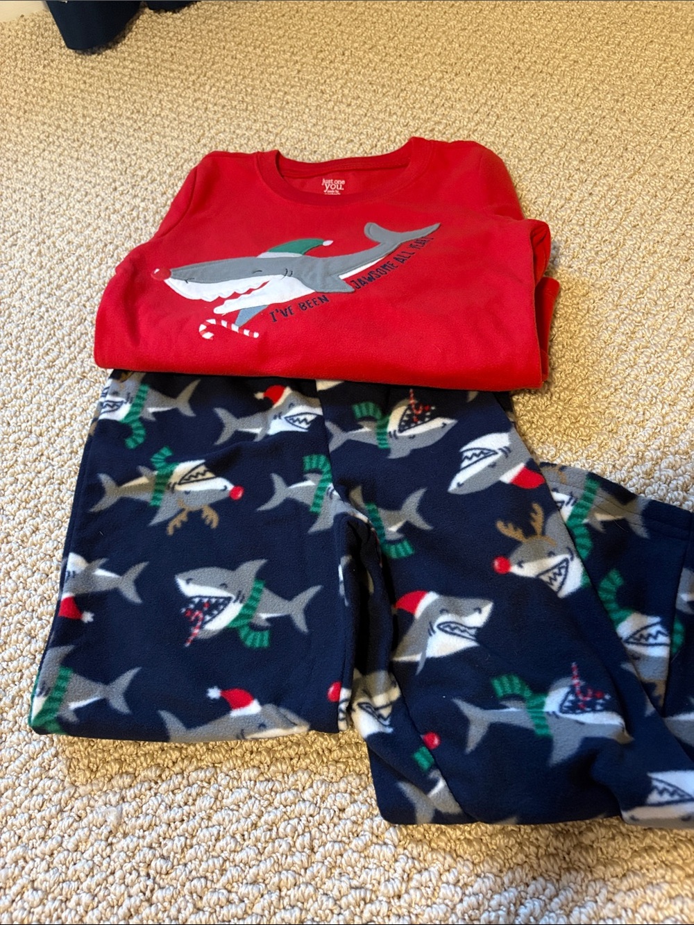 Kids Red Shark Holiday Pajama Set with Navy Shark-Print Pants 5T